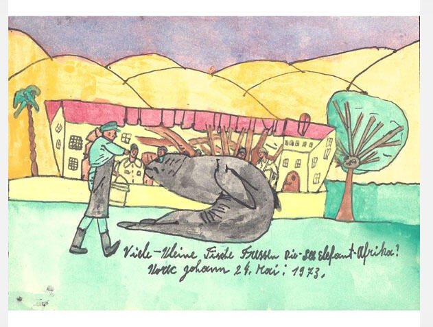 Johann Korec/Viele kleine Fische/1973 Blaupause, Deckfarben, Tusche 22,4x31,3 cm/Art Brut KG