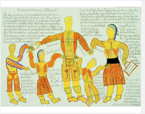 Johann Fischer/Für die Agrarier, Bauernbündler und Bauern, .../1989 Bleistift, Farbstifte, 44x62 cm/Privatstiftung - Künstler aus Gugging