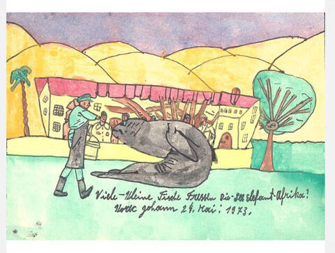 Johann Korec/Viele kleine Fische/1973 Blaupause, Deckfarben, Tusche 22,4x31,3 cm/Art Brut KG